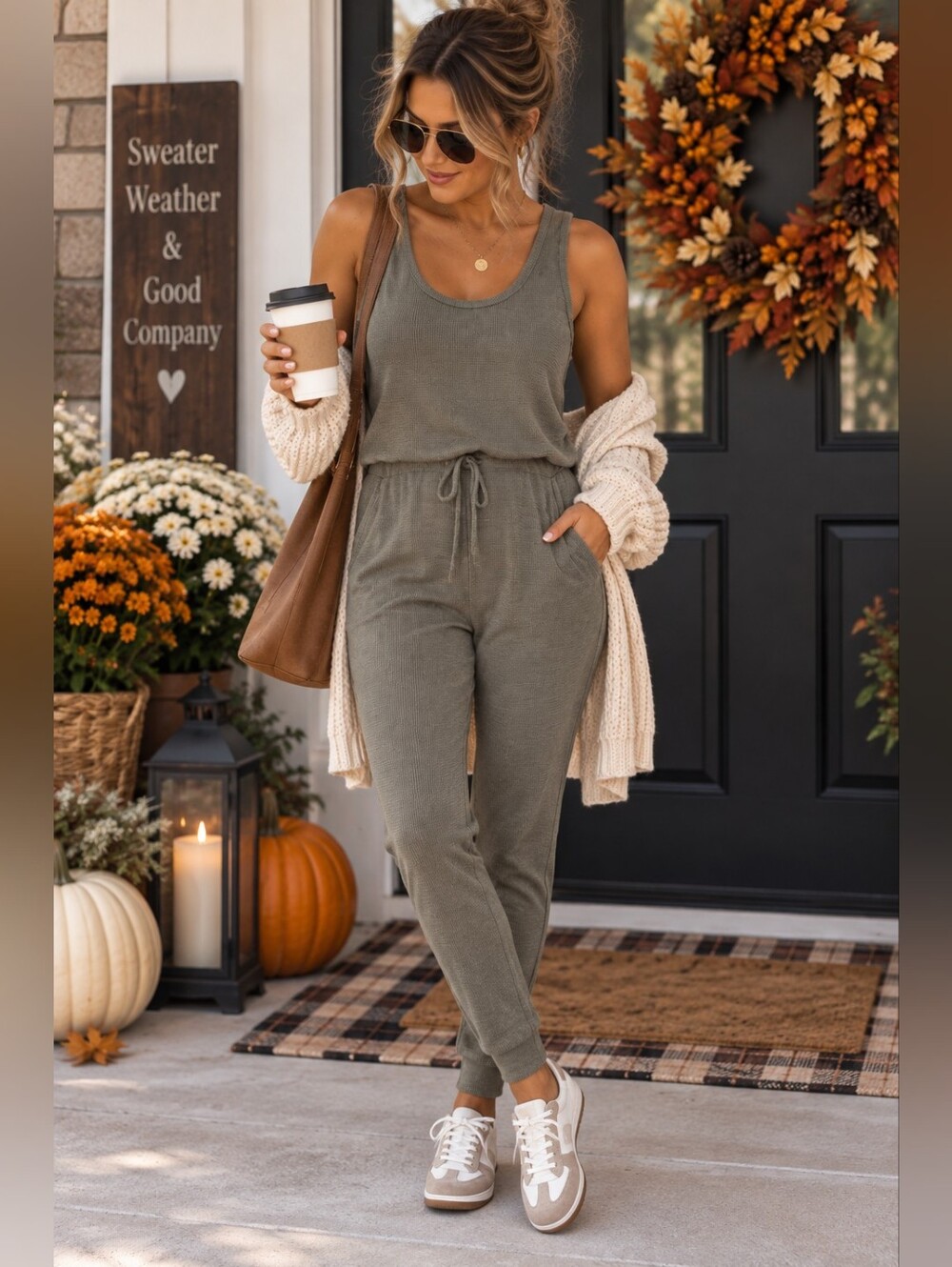 Olive Green Waffle Knit Jogger Jumpsuit Drawstring Pockets Large